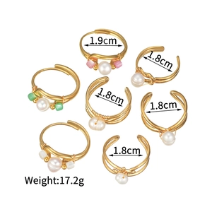 Set of 6 gold stacked rings with pearls and colorful beads, 1.8cm-1.9cm inner diameter