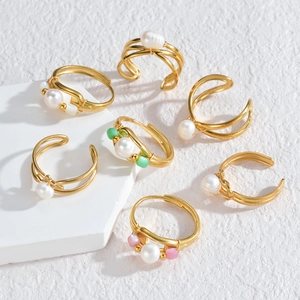 Elegant gold minimalist multilayer cross open ring with white pearls and colored beads