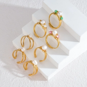 Minimalist gold adjustable rings featuring natural freshwater pearls and colorful beads