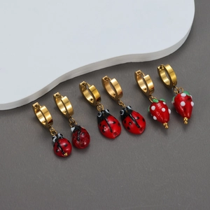 Retro Ladybug Strawberry Drop Hoop Earrings Stainless Steel Enamel Cute Insect Fruit Fashion Jewelry For Women