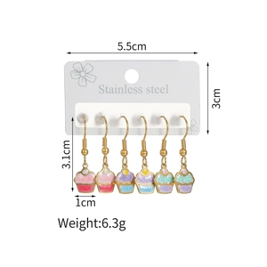 Detail view of colorful cupcake enamel earrings with stainless steel hooks and dimensions