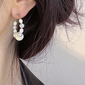 Boucles Oreilles Créoles Bohèmes Acier Inoxydable Or Boule Tissée Perle Irisée Bijoux Géométriques Femmes