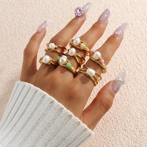Artificial Pearl Ring For Women Stainless Steel Geometric Hollow French Vintage Style Open Adjustable Elegant Jewelry Gift