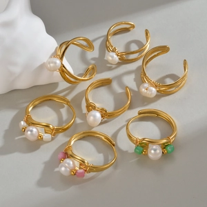 Golden hollow geometric pearl rings set with adjustable open bands for women