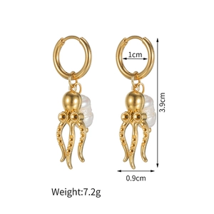 Detailed view of octopus pearl earrings in 18K gold stainless steel with dimensions