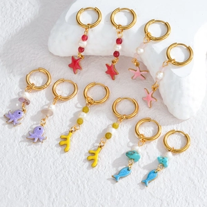 5-piece ocean theme 18K gold plated hoop earrings with starfish octopus and pearl charms