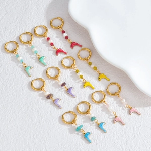 Colorful enamel dolphin hoop earrings with natural stones in various vibrant colors