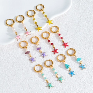 Set of six colorful starfish drop earrings with pearls and beads on gold hoops