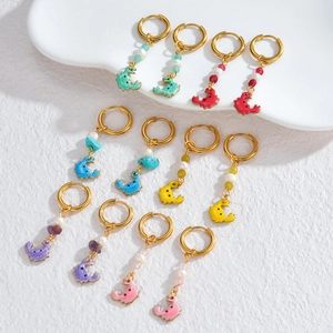 Colorful ocean crab hoop earrings with enamel pendants and decorative pearls for women