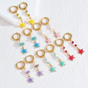 Set of 18K gold-plated stainless steel star tassel earrings in various vibrant colors