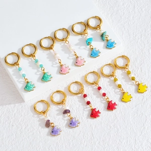 18K gold plated stainless steel ocean hoop earrings with colorful fish and pearls