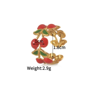 Detail showing red cherry enamel design on 18k gold plated open ring with dimensions