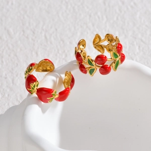 Adjustable gold ring with red strawberry and cherry enamel charms in a fresh summer style