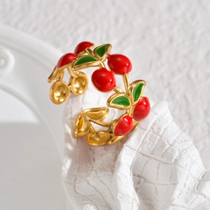 French vintage style 18k gold plated stainless steel open ring with red cherry enamel