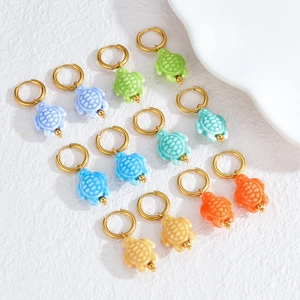 Set of colorful turtle ceramic pendant hoop earrings in six different vibrant shades