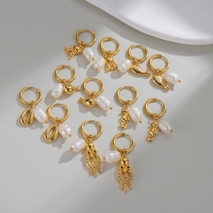 18K gold plated stainless steel ocean series pearl earrings with sea animal charms
