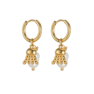 Gold ocean hoop earrings featuring octopus charms and teardrop pearl pendants