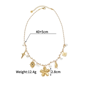 Detailed view of woven stone necklace with cherry heart pendant and product dimensions