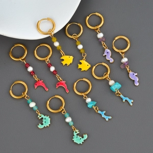 Ocean Theme Hoop Earrings Stainless Steel Enamel Seahorse Crab Dolphin Pendants With Artificial Pearl Natural Stone Cute Fresh Jewelry For Women