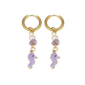 Golden sea horse drop earrings with white pearl and purple stone on white background