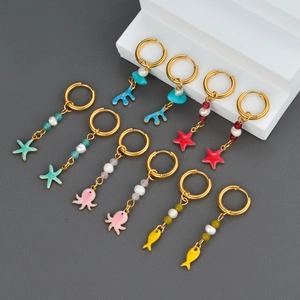 Ocean Starfish Octopus Coral Fish Star Enamel Hoop Dangle Earrings Stainless Steel Colorful Beads Faux Artificial Pearl Jewelry