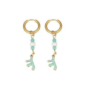 Ocean series drop earrings with gold hooks, light blue beads and green coral pendant