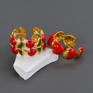 Enamel Fruit Open Ring 18K Gold Plated Stainless Steel French Vintage Sweet Strawberry Cherry Jewelry For Women