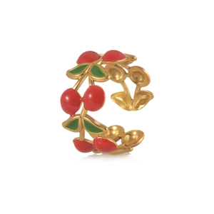 French vintage 18k gold plated stainless steel open ring with red cherry enamel patterns