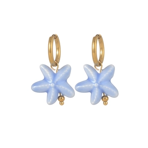 Gold-plated stainless steel hoop earrings featuring light blue starfish charms on white background