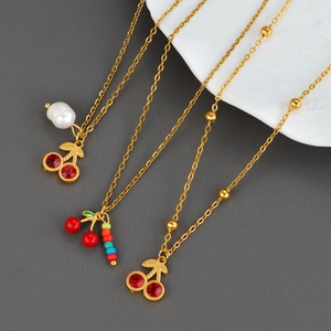 Collier En Acier Inoxydable Plqué Or 18K Pendentif Cerise Cristal Rouge Künstliche Perle Baroque Chaîne De Clavicule Pour Femme