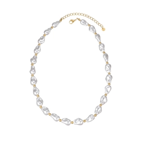 Baroque pearl necklace with gold metal beads and adjustable lobster clasp on white surface