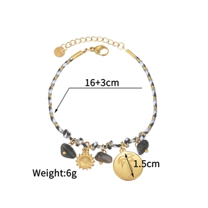Detailed size map of woven bracelet with golden palm pendant and dark grey stones