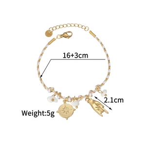Detail of woven bracelet with S.steel tag showing dimensions 16+3cm and 5g weight