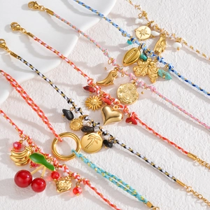 Bohemian 18K gold stainless steel woven bracelet set with colorful charms