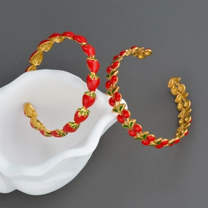 Bracciale Rigido Frutta In Acciaio Inossidabile Smalto Fragola Ciliegia Aperto Regolabile Gioielli Estivi Per Donne Ragazze