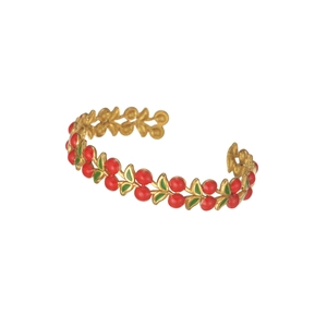 Bracciale rigido dorato regolabile con fragole rosse e foglie verdi in smalto
