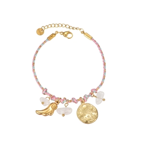 Bohemian braided rope bracelet with gold celestial charms and white stone beads