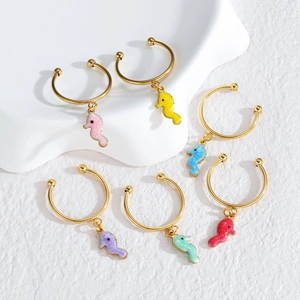 18K gold plated stainless steel sea horse charm rings with colorful enamel drippings