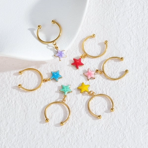 Detailed set of six gold-plated star charms in multiple vibrant colors with C-shape rings