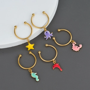 Ocean Sea Animal Open Ring Stainless Steel Enamel Starfish Dolphin Seahorse Crab Octopus Adjustable Jewelry For Women