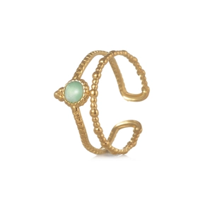 Double-layered gold stainless steel open ring featuring a round green gemstone inlay