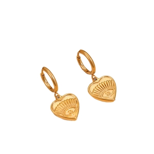 18k gold plated stainless steel heart hoop earrings featuring a relief evil eye design