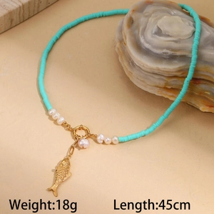 Detail of beaded shell necklace with fish pendant showing weight 18g and length 45cm