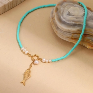 Blue clay bead necklace with freshwater pearls and a golden fish pendant accessory