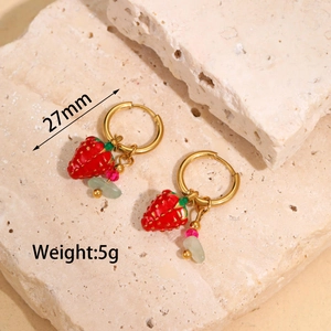 Macro detail of strawberry pendant earring with dimensions showing 27mm height
