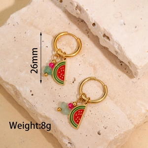Detail of 26mm watermelon drop earrings with 18k gold plating and colorful enamel work