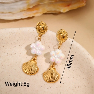 Detail view of 48mm asymmetric scallop shell drop earring in 18K gold plated finish