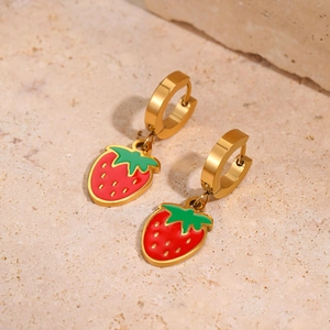 French vintage strawberry drop earrings in gold finish with red enamel fruit pendants
