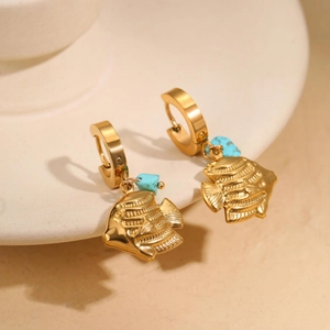 18k gold fish dangle earrings featuring blue turquoise stones in a tropical sea style