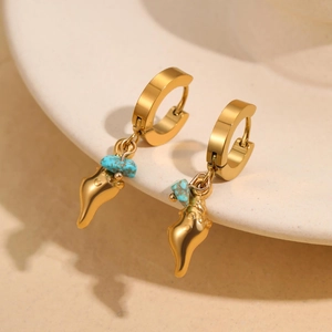 Bohemian gold huggie hoop earrings featuring turquoise stones and conch shell pendants